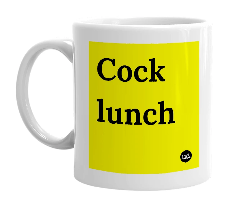 White mug with 'Cock lunch' in bold black letters