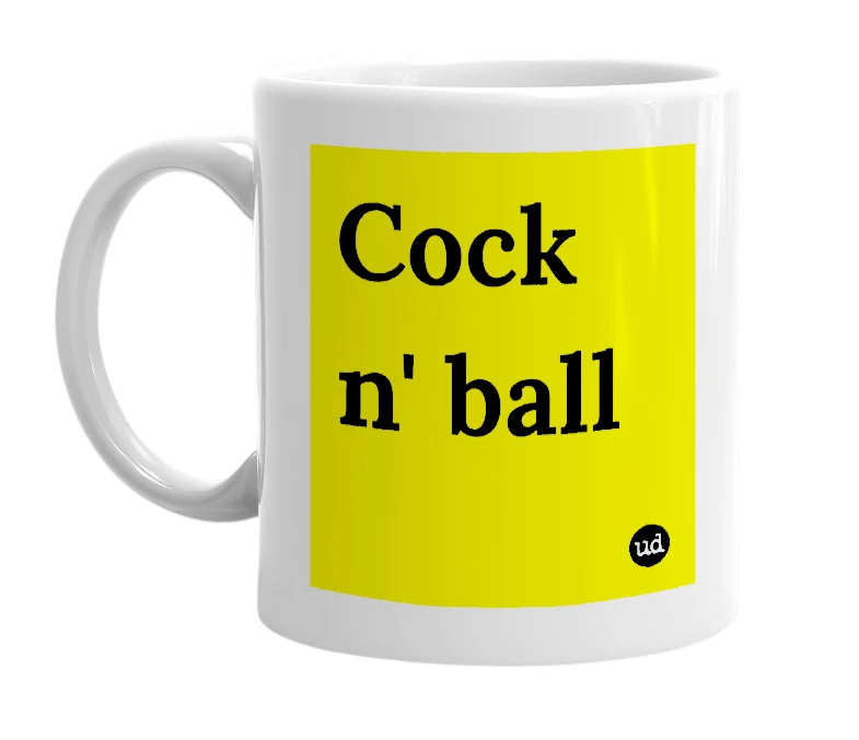 White mug with 'Cock n' ball' in bold black letters