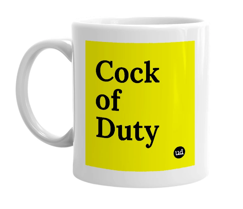 White mug with 'Cock of Duty' in bold black letters