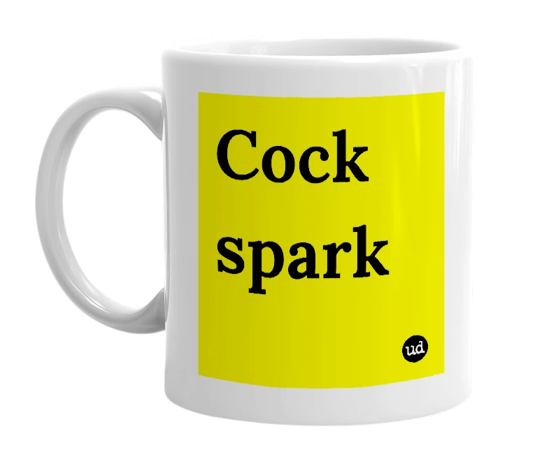 White mug with 'Cock spark' in bold black letters