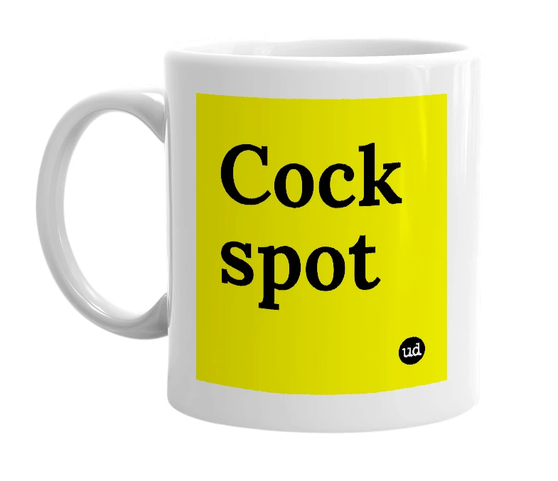 White mug with 'Cock spot' in bold black letters
