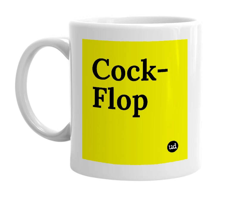White mug with 'Cock-Flop' in bold black letters