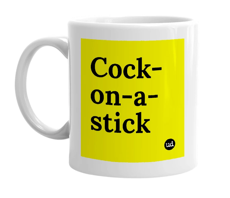 White mug with 'Cock-on-a-stick' in bold black letters
