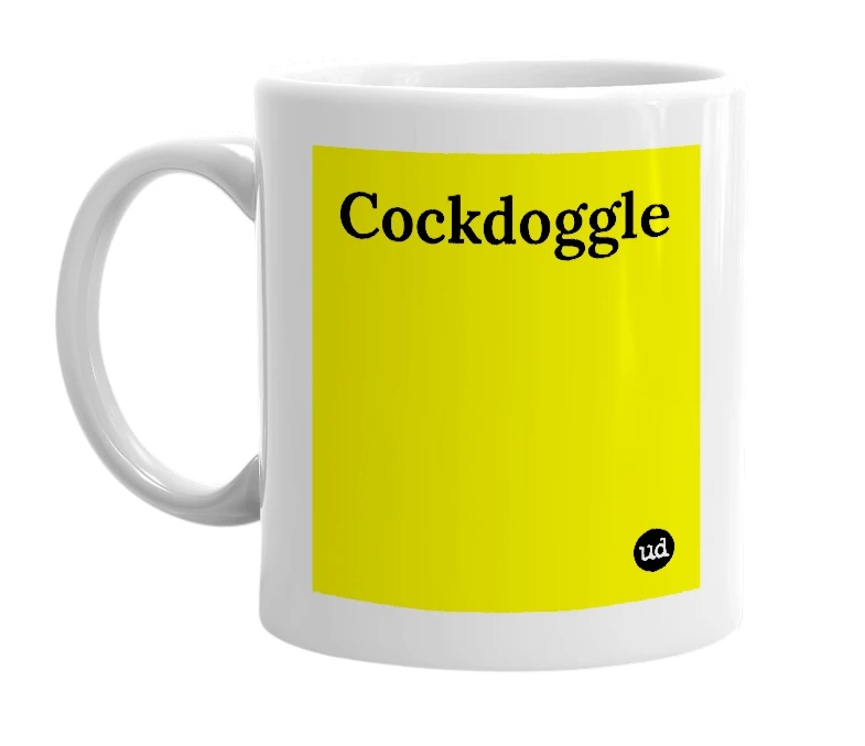 White mug with 'Cockdoggle' in bold black letters