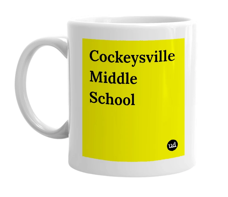 White mug with 'Cockeysville Middle School' in bold black letters