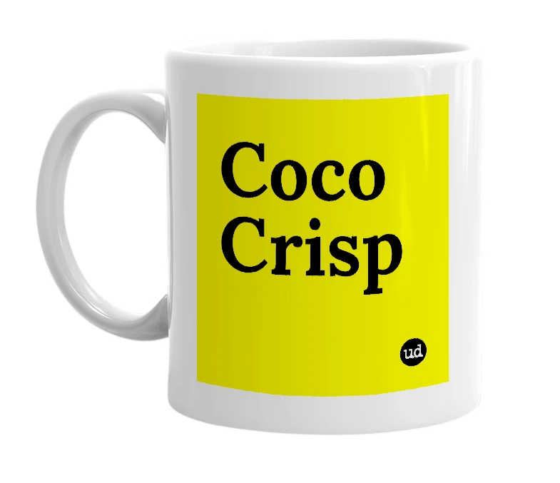 White mug with 'Coco Crisp' in bold black letters