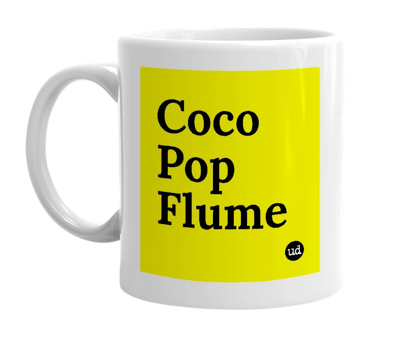 White mug with 'Coco Pop Flume' in bold black letters