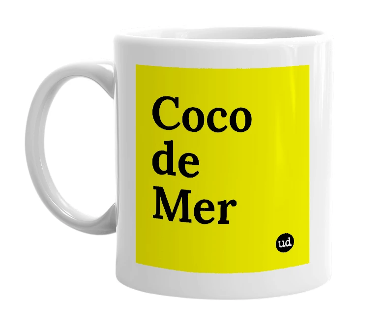 White mug with 'Coco de Mer' in bold black letters