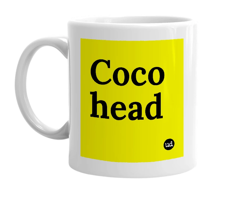White mug with 'Coco head' in bold black letters