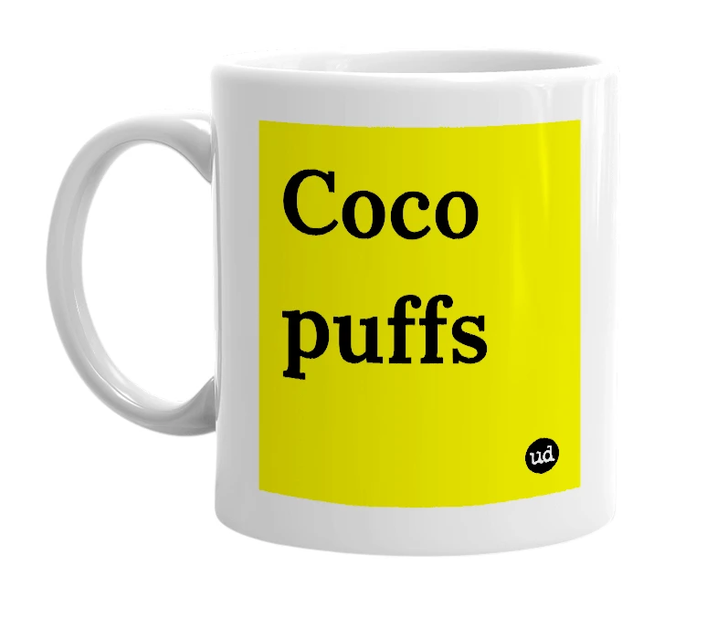 White mug with 'Coco puffs' in bold black letters