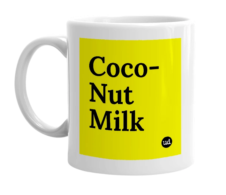 White mug with 'Coco-Nut Milk' in bold black letters