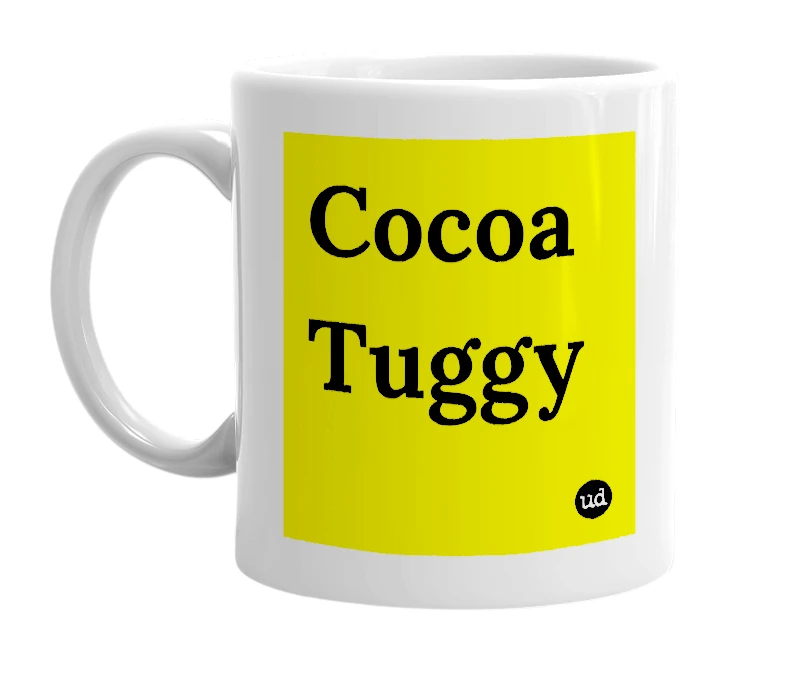 White mug with 'Cocoa Tuggy' in bold black letters