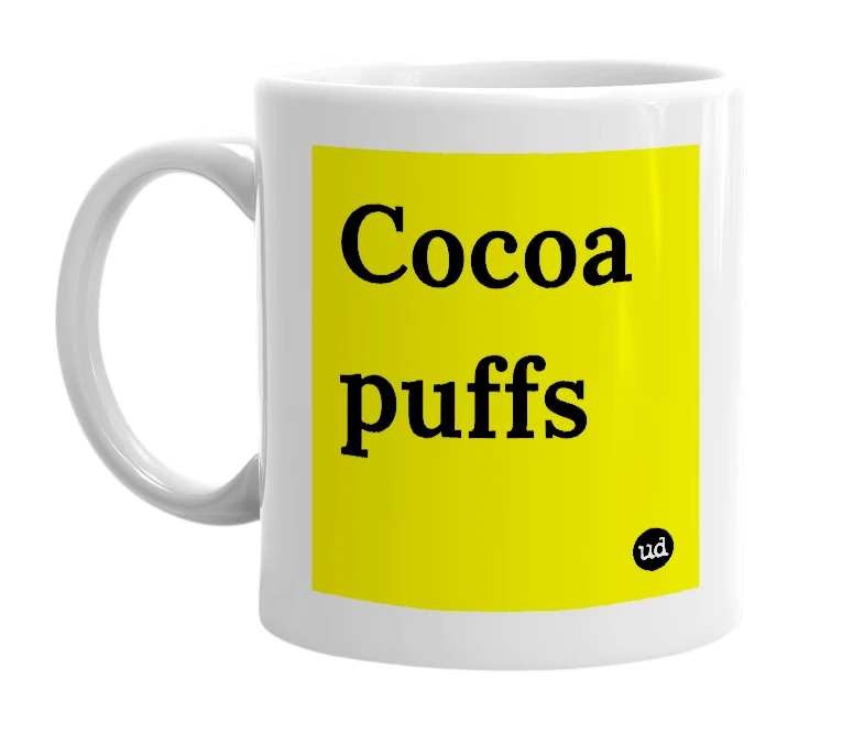White mug with 'Cocoa puffs' in bold black letters