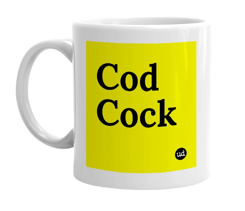White mug with 'Cod Cock' in bold black letters