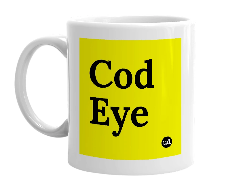 White mug with 'Cod Eye' in bold black letters