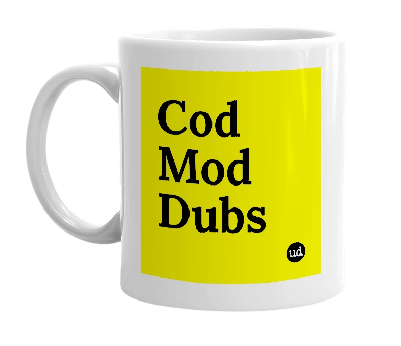 White mug with 'Cod Mod Dubs' in bold black letters