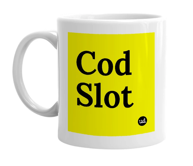 White mug with 'Cod Slot' in bold black letters