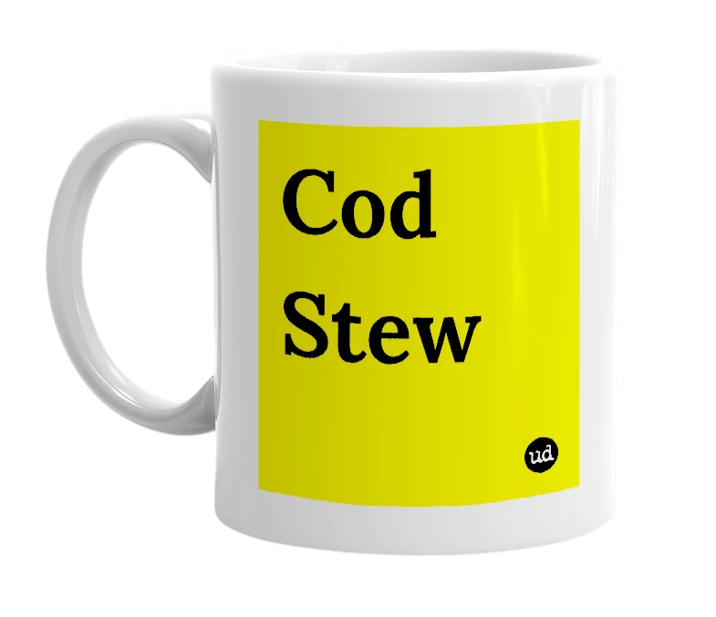 White mug with 'Cod Stew' in bold black letters