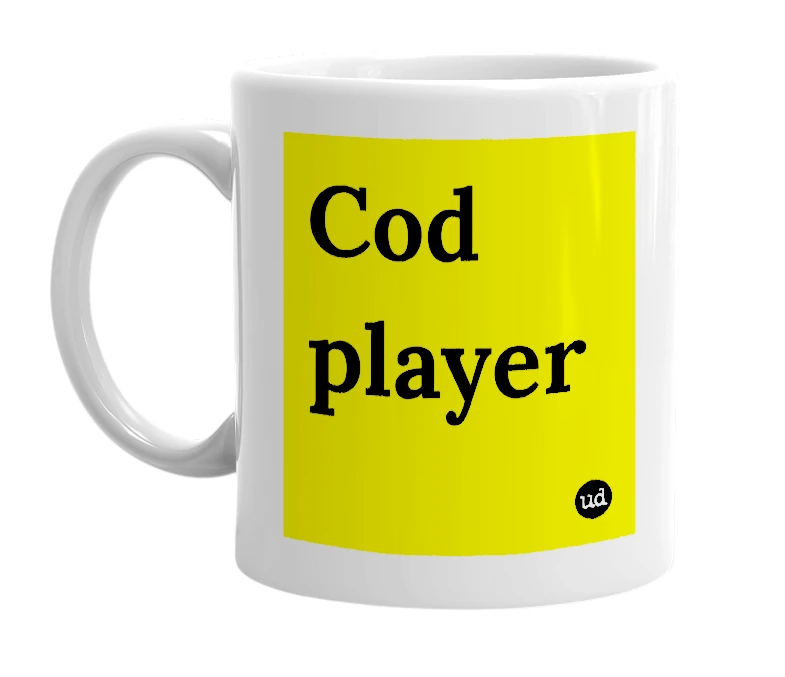 White mug with 'Cod player' in bold black letters