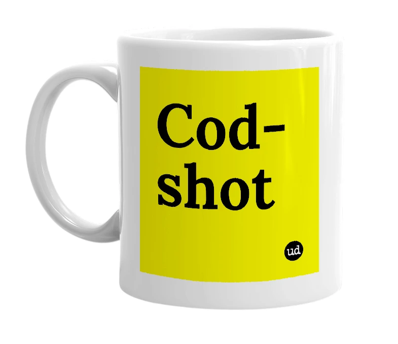 White mug with 'Cod-shot' in bold black letters