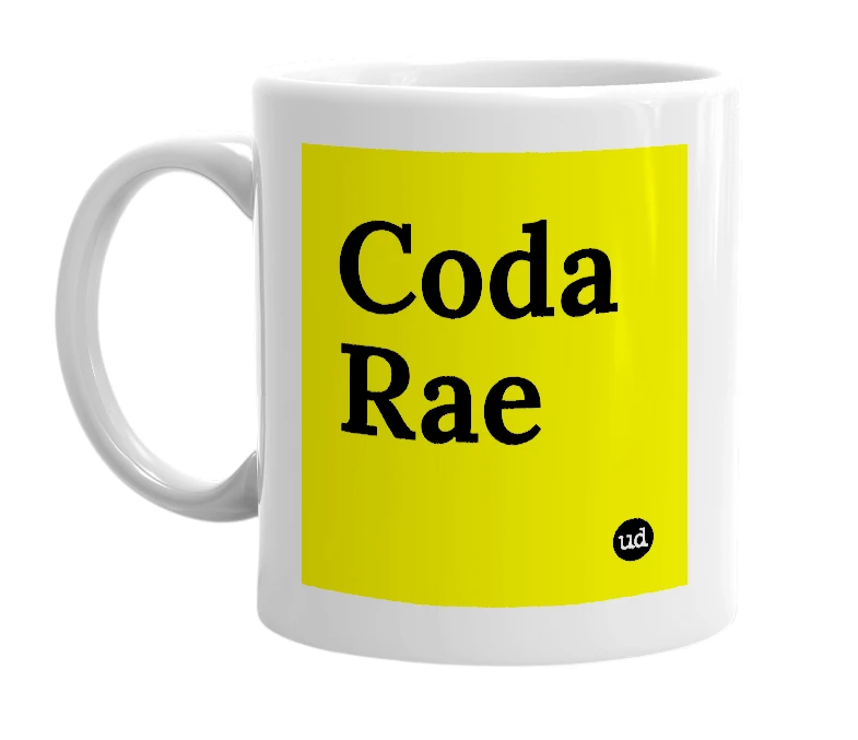 White mug with 'Coda Rae' in bold black letters