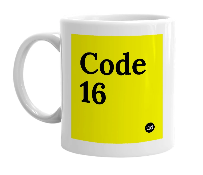 White mug with 'Code 16' in bold black letters