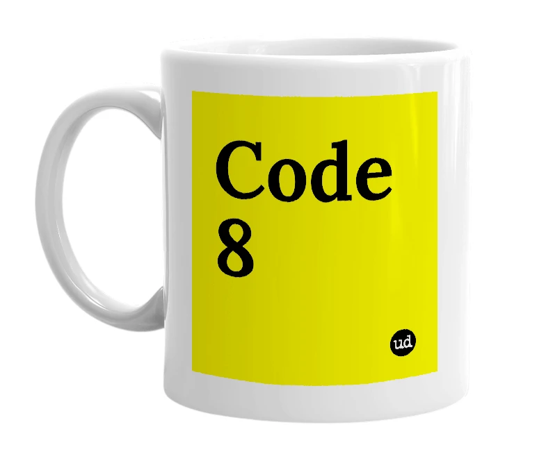 White mug with 'Code 8' in bold black letters