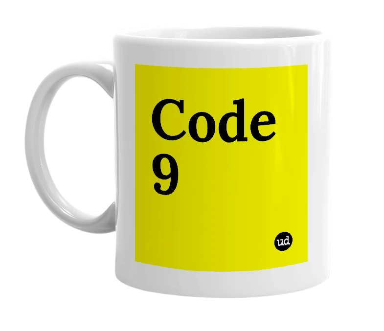 White mug with 'Code 9' in bold black letters