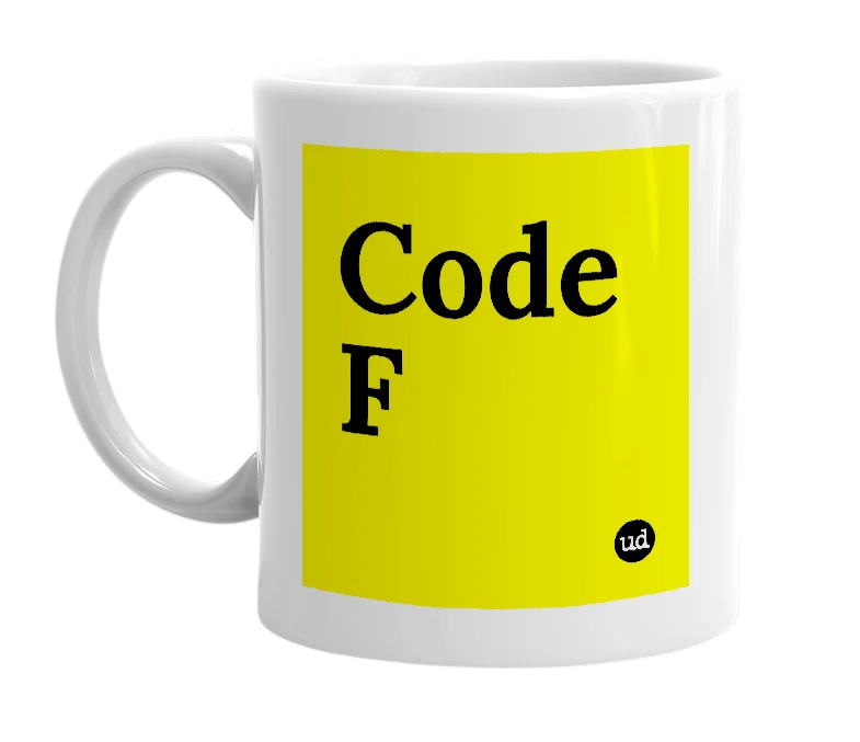 White mug with 'Code F' in bold black letters