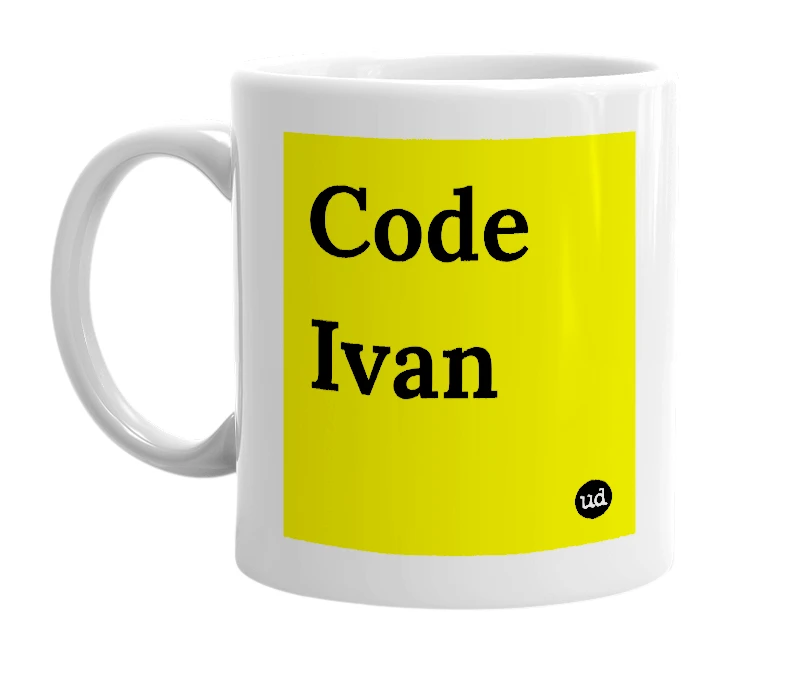 White mug with 'Code Ivan' in bold black letters