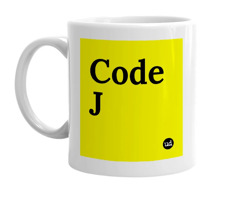 White mug with 'Code J' in bold black letters