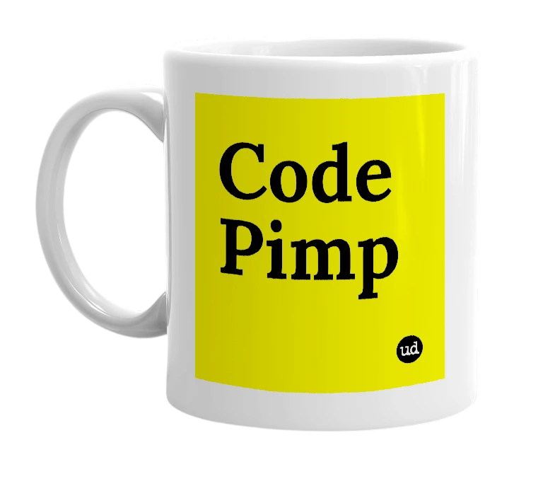 White mug with 'Code Pimp' in bold black letters