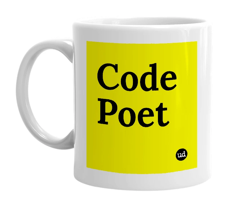 White mug with 'Code Poet' in bold black letters