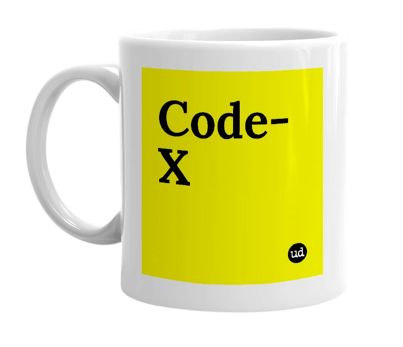 White mug with 'Code-X' in bold black letters