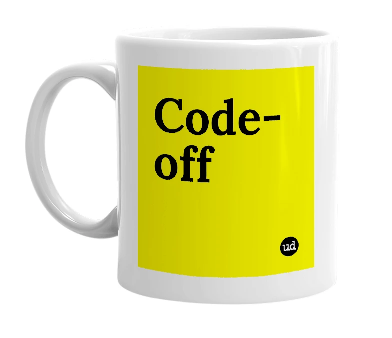 White mug with 'Code-off' in bold black letters