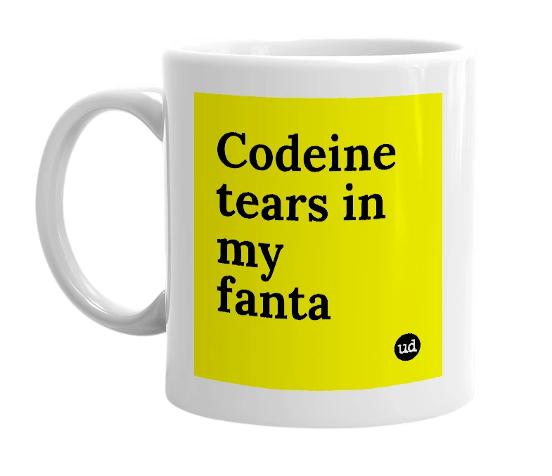 White mug with 'Codeine tears in my fanta' in bold black letters