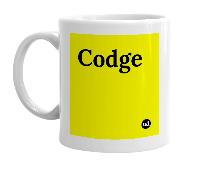 White mug with 'Codge' in bold black letters