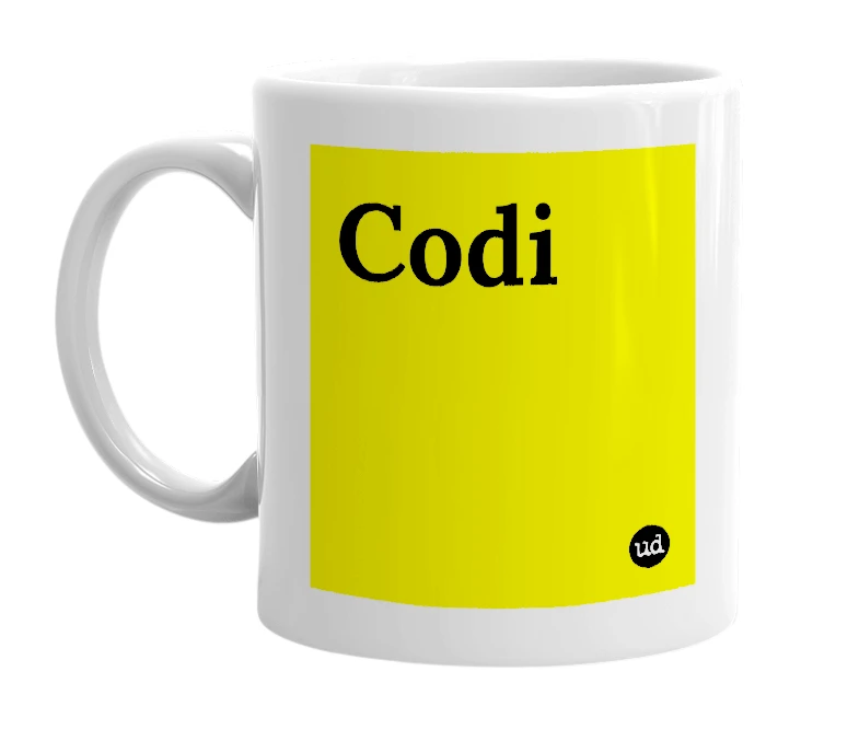 White mug with 'Codi' in bold black letters