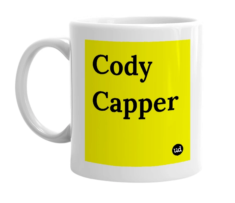 White mug with 'Cody Capper' in bold black letters