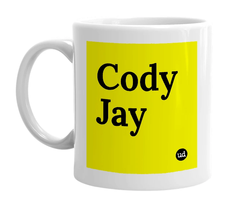 White mug with 'Cody Jay' in bold black letters