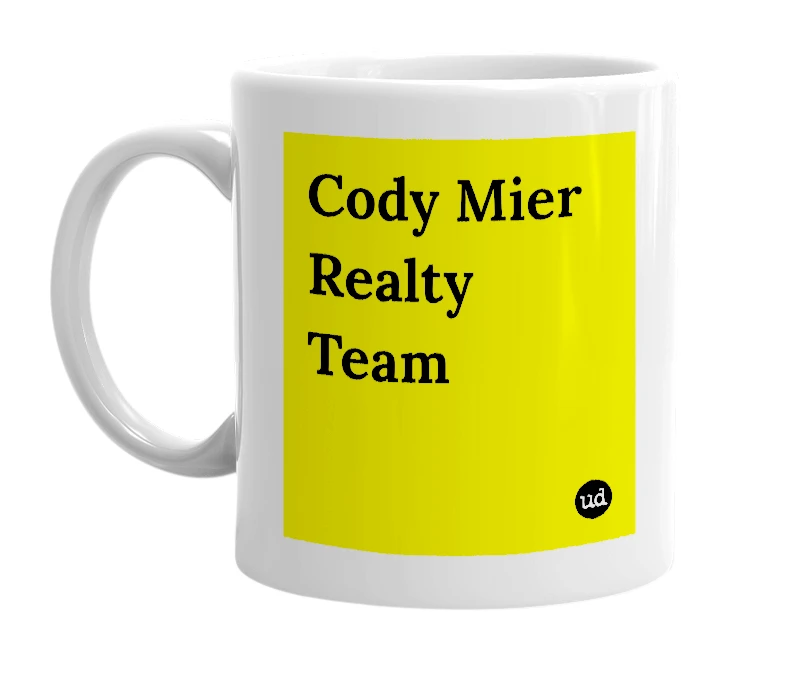 White mug with 'Cody Mier Realty Team' in bold black letters