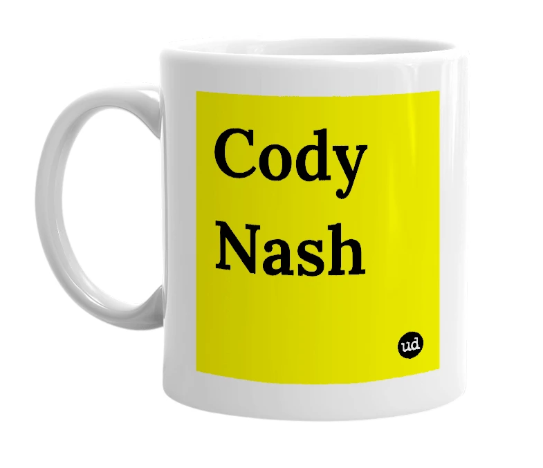 White mug with 'Cody Nash' in bold black letters