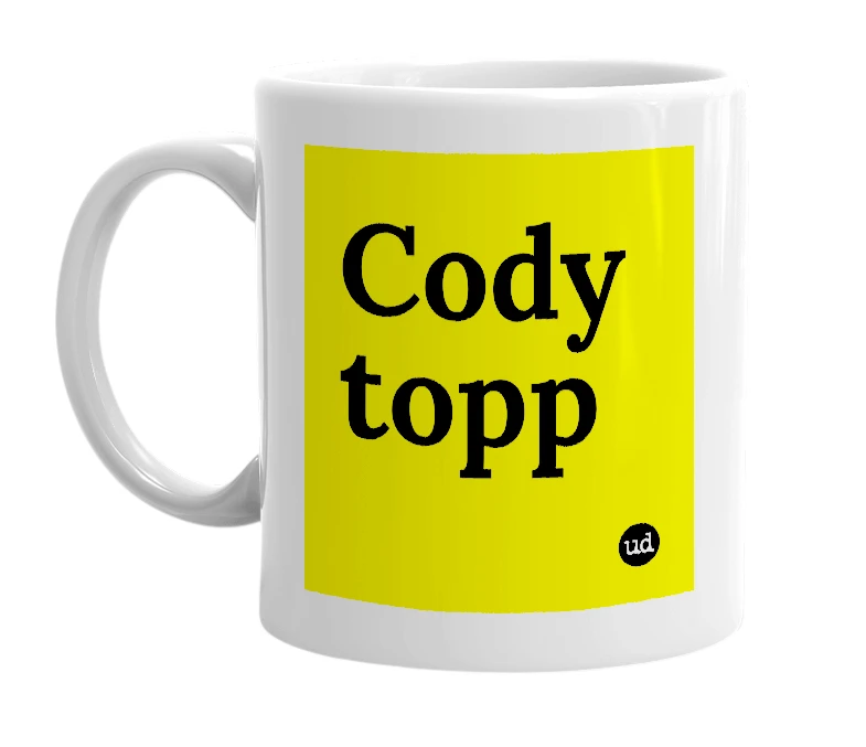 White mug with 'Cody topp' in bold black letters