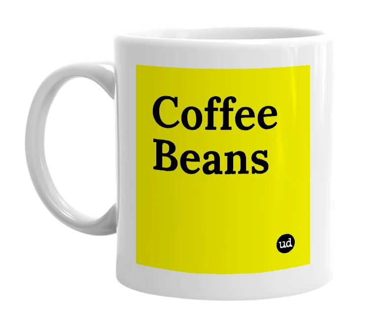White mug with 'Coffee Beans' in bold black letters