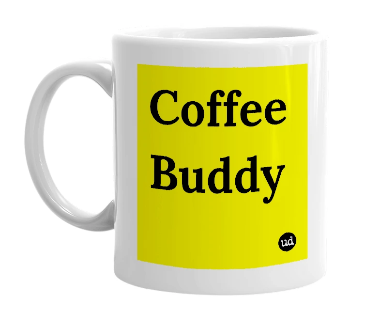 White mug with 'Coffee Buddy' in bold black letters