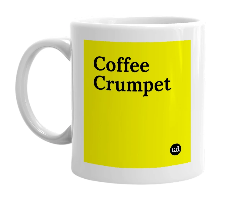 White mug with 'Coffee Crumpet' in bold black letters