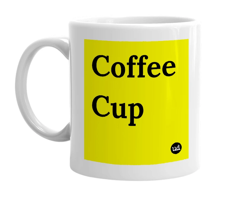 White mug with 'Coffee Cup' in bold black letters