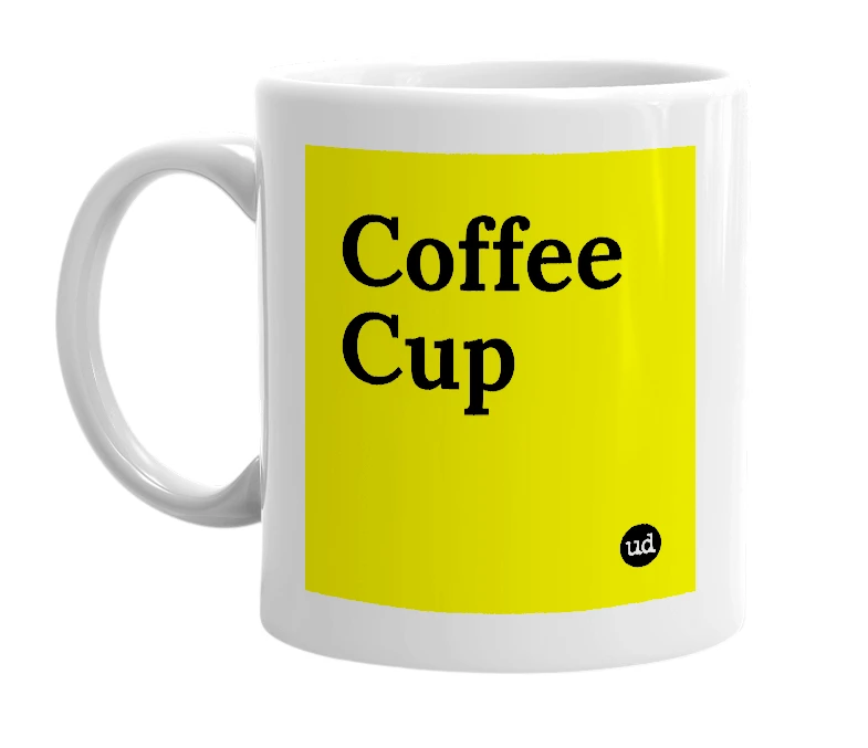 White mug with 'Coffee Cup' in bold black letters