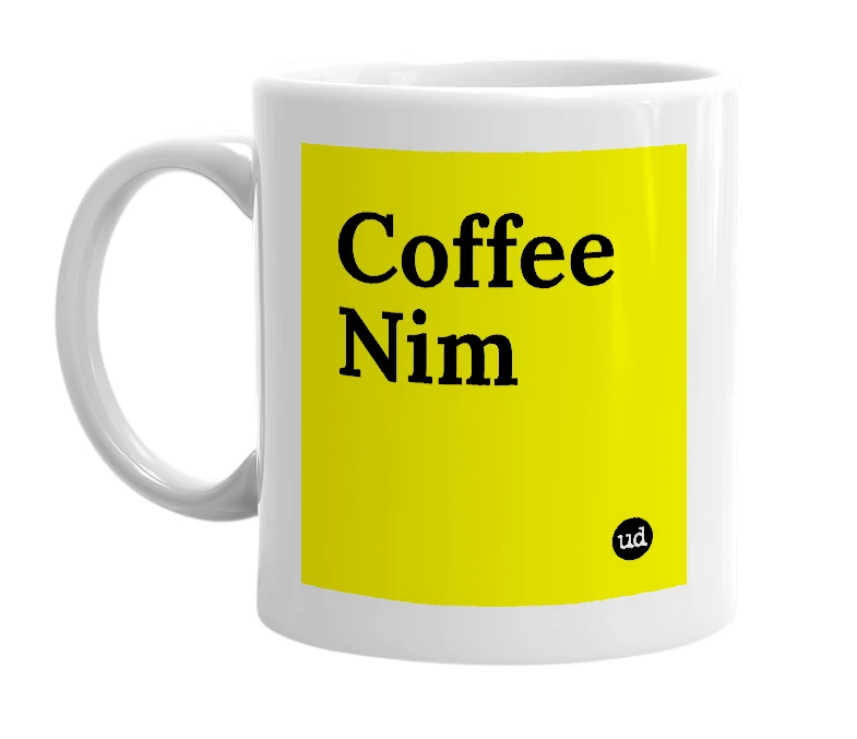 White mug with 'Coffee Nim' in bold black letters