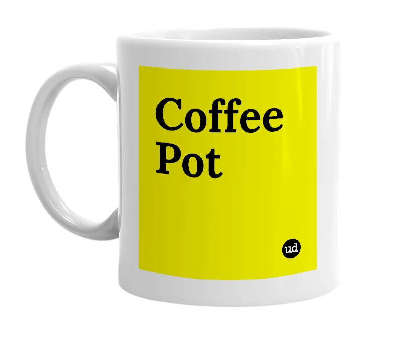White mug with 'Coffee Pot' in bold black letters